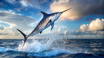 Fototapeta premium Swordfish leaping out of the ocean, swordfish, jumping, leaping, rough water, ocean, wildlife, marine life, underwater
