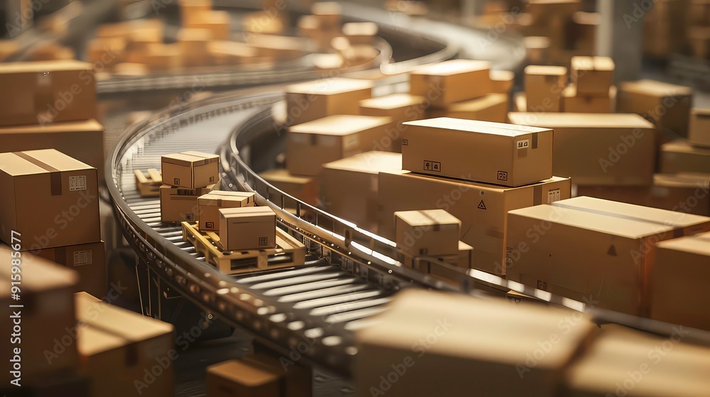 Poster a conveyor belt system with multiple cardboard boxes moving along it.