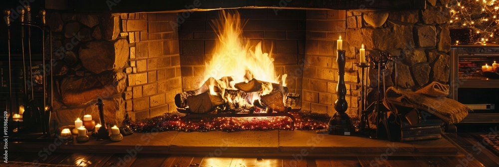 Aufkleber The warm glow of a roaring fireplace creates a safe and inviting atmosphere for relaxation and connection with loved ones. Generative AI
