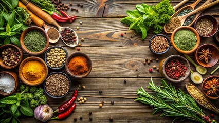Organic fresh herbs and spices displayed on a rustic wooden background with copy space , organic, fresh, herbs, spices