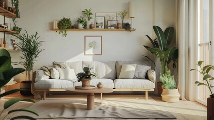 Scandinavian-style living room with plants and coffee table