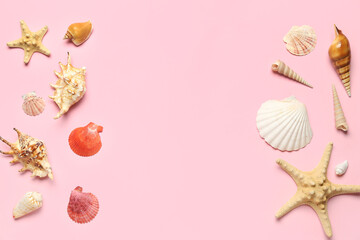 Frame made of seashells and starfishes on pink background