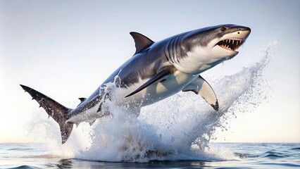Fototapeta premium Great White Shark leaping out of water isolated on white background , Shark, Great White, Ocean, Predator, Splash, Jump, Wildlife