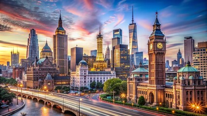 Fototapeta premium A stock photo featuring recognizable landmarks in a bustling cityscape, city, urban, landscape, architecture, building