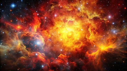 Vibrant red and yellow stellar nursery in a dense nebula against a dark background , Starforming region