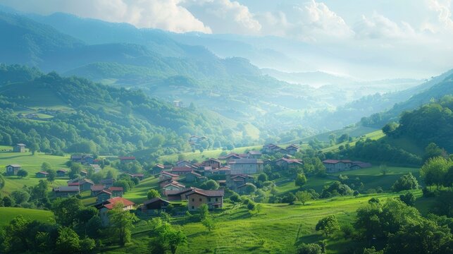 A picturesque village nestled in a valley with rolling green hills.