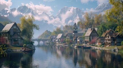 Obraz premium A picturesque village with charming houses by a calm river.