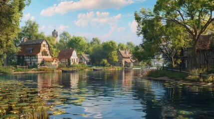 Obraz premium A picturesque village with charming houses by a calm river.