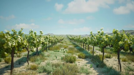 Fototapeta premium A picturesque vineyard with rows of grapevines and a clear sky.