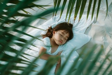 Relaxing night small girl embraced calmness of sleep. Serene image of small girl pajamas enjoying dreamy sleep. Innocence of youth symbolized child's peaceful slumber.