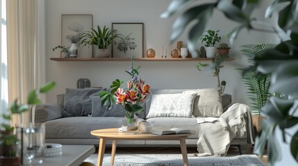 Nordic living room with gray sofa, wooden table, plants, shelf, spring flowers, decor, and elegant accessories.