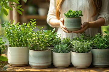 A person taking care of indoor plants in a modern home setting, captured in a vibrant and nurturing atmosphere with bright natural light and stylish decor.