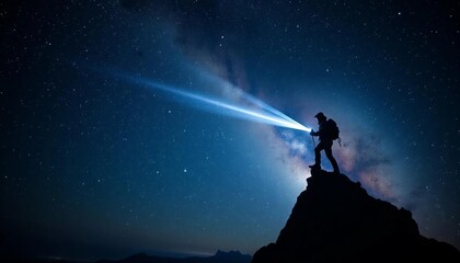A solitary climber at a mountain summit holds a flashlight that pierces the darkness, illuminating the Milky Way and creating a striking silhouette against the cosmic backdrop.