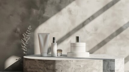 Cosmetic product display with copy space on stone podium