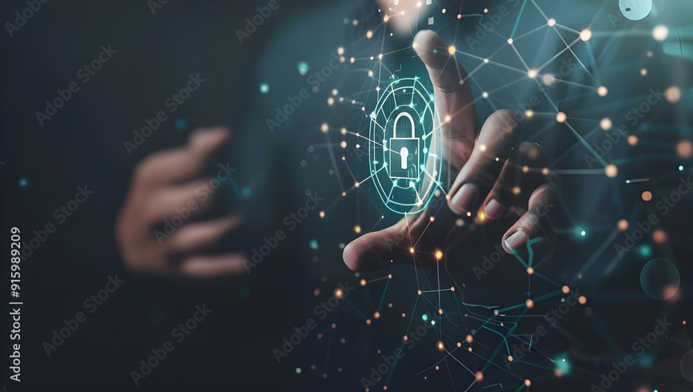 Aufkleber businessman touching digital padlock icon on virtual screen with network security and data protectio