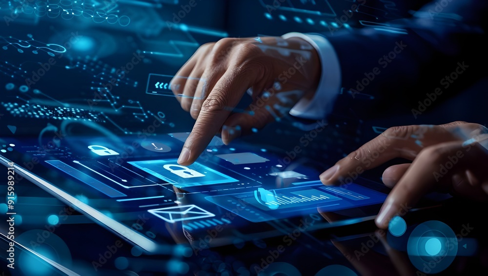 Poster businessman touching a digital security icon on a virtual screen with a padlock icon and icons for d