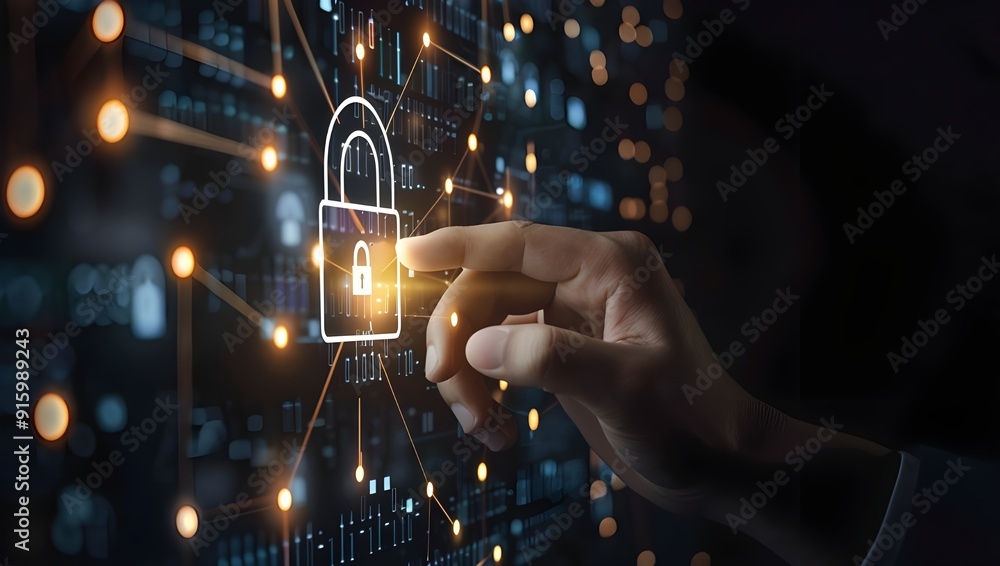 Poster businessman touching digital padlock icon on virtual screen with network security and data protectio