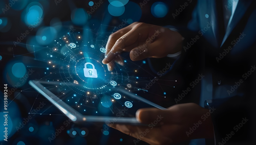 Poster businessman touching a digital security icon on a virtual screen with a padlock icon and icons for d