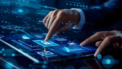 Businessman touching a digital security icon on a virtual screen with a padlock icon and icons for data protection, with a cyber waves background.