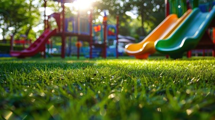 A playground with a brightly colored slide and green grass.