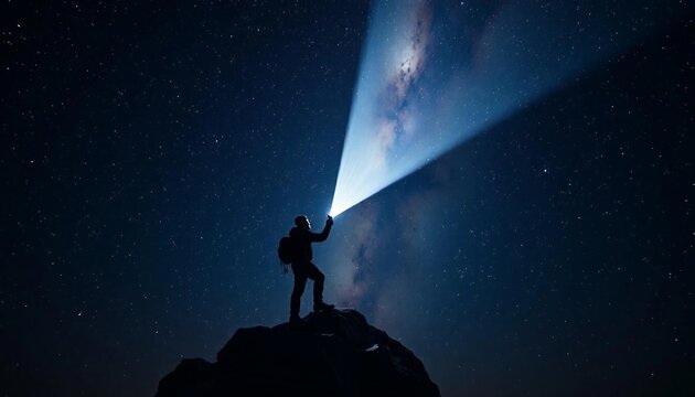 A solitary climber at a mountain summit holds a flashlight that pierces the darkness, illuminating the Milky Way and creating a striking silhouette against the cosmic backdrop.