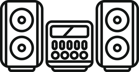 Line drawing of a music center playing music with two speakers and buttons