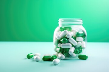 white pills in a jar on a green background. Get treatment. Vitamins. Dietary supplement