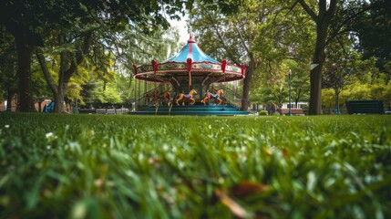 A playground with a merry-go-round and soft, green grass.