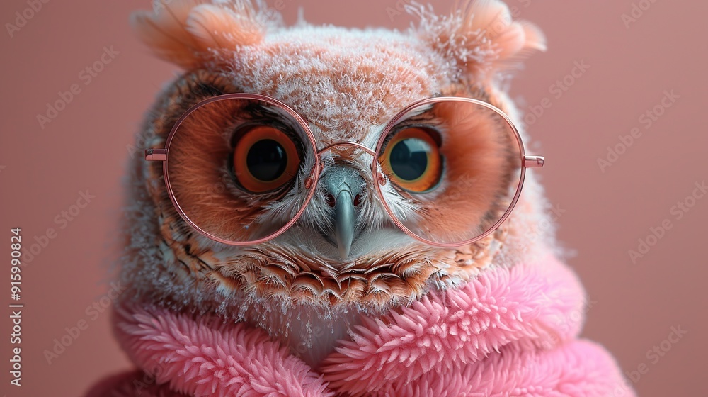 Sticker owl in glasses and pink fur