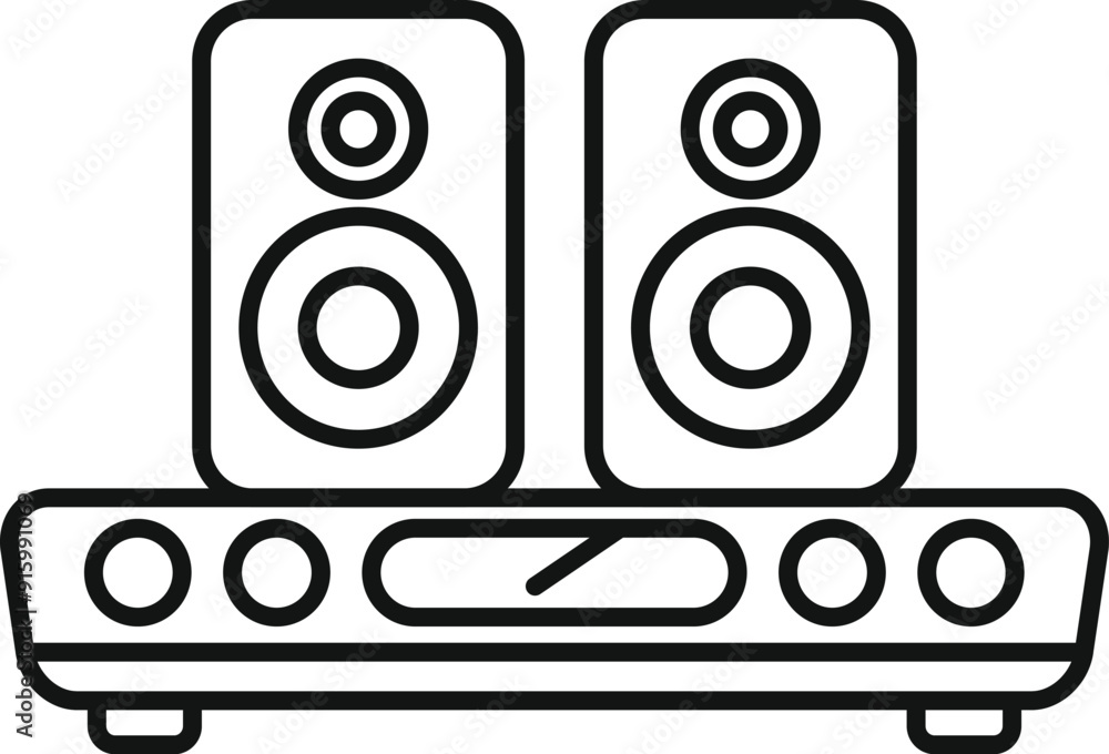 Poster audio system with two loudspeakers standing on platform playing music