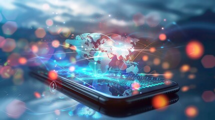 A black smart phone with a glowing world map on its screen. There are lines of light coming from the map, and there is a blur of orange and yellow lights in the background.