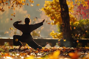 Person practicing tai chi amidst a serene autumnal park, with leaves cascading gently
