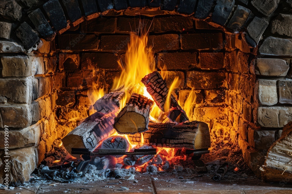 Aufkleber a roaring fireplace emits warmth and light, creating a comforting atmosphere perfect for winter rela
