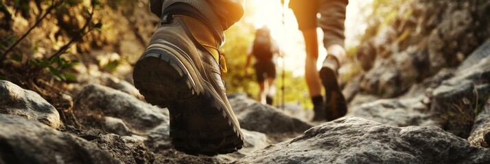 Hikers Embracing the Adventure and Challenge of a Rocky Trail Under Bright Sunshine, Highlighting the Thrill of Exploring the Great Outdoors