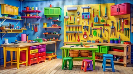 Naklejka premium Colorful and humorous workshop setting with bright tools and wacky DIY projects , funny, workshop, tools, bright colors, wacky