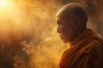 A peaceful monk in contemplation amidst golden light and rising incense