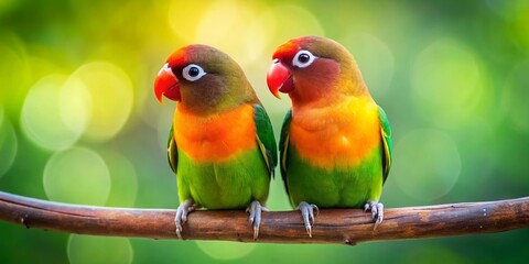 Naklejka premium Vibrant of a pair of lovebirds perched on a branch , love birds, bird couple, brightly colored birds, hummingbird, exotic