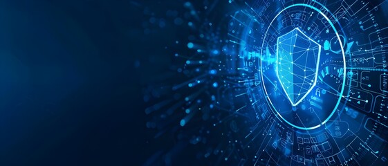 Obraz premium Digital technology and security concept. Abstract background with blue digital icon of shield symbolizing internet safety, protection from cyber attack or artificial intelligence in virtual space. 