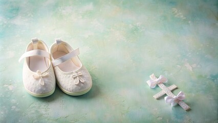 Christening background featuring baptism baby shoes and cross on soft pastel backdrop