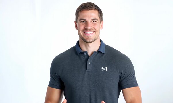 Group portrait video of a pleased man in his 30s wearing a sporty polo shirt against a white background