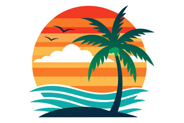 Vibrant Summer Vector Illustration with Palm Tree Silhouette and Beach Activities