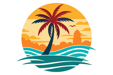 Vibrant Summer Vector Illustration with Palm Tree Silhouette and Beach Activities