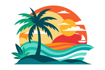 Vibrant Summer Vector Illustration with Palm Tree Silhouette and Beach Activities