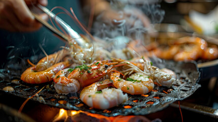 Grilled shrimp sizzling on a barbecue, creating a delicious and smoky aroma.