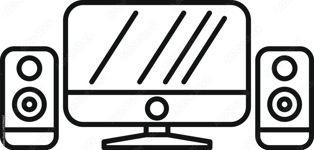 Poster minimalist line art icon of a desktop computer with two speakers, representing a home office setup
