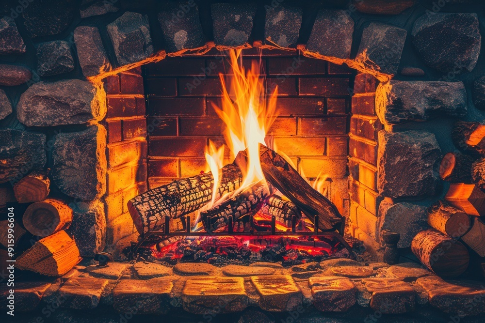 Leinwandbilder The fireplace crackles softly, filling the room with warmth and creating a tranquil atmosphere for a cozy night in. Generative AI