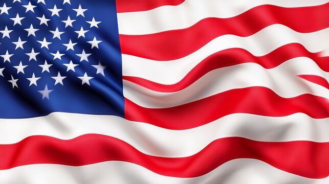 Detailed American flag in motion, vivid reds, whites, and blues, realistic lighting and shading, fabric rippling effect, outdoor setting