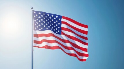 Obraz premium Flag of the USA draped elegantly on a pole, detailed stars and stripes, vivid colors, gentle motion effect, daytime sky