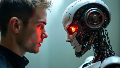 man face to face to humanoid ai robot , human vs artificial intelligence