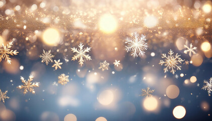 Christmas glittering glowing snowflakes particles and bokeh lights falling shiny background.